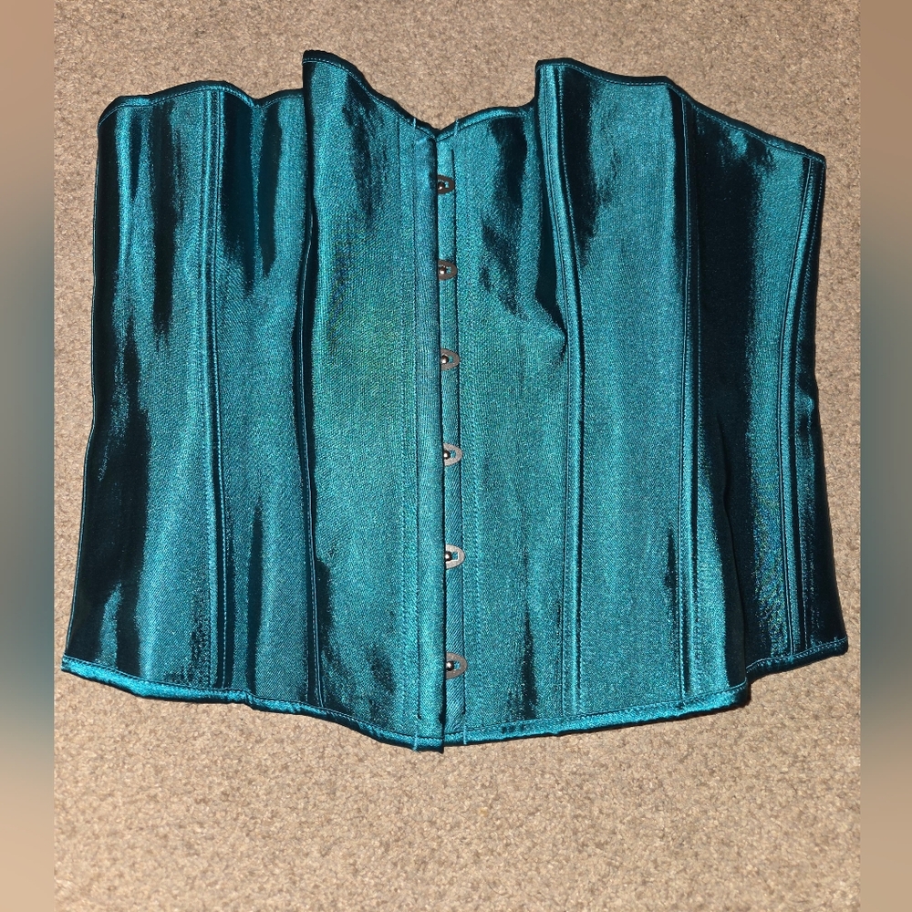 Elegant Teal Satin Corset Bustier Shapewear Body Shaper Top. Size 7XL. - Picture 3 of 5